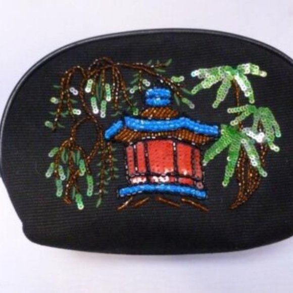 Isabella Fiore Black Set of 2 Velvet Sequins Small Coin Purse MINI BAG COSMETIC - Picture 1 of 11